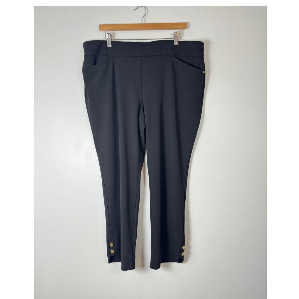 Professional Anne Klein Womens XL Slim Crop Pants Black Gold Lion Button Stretch